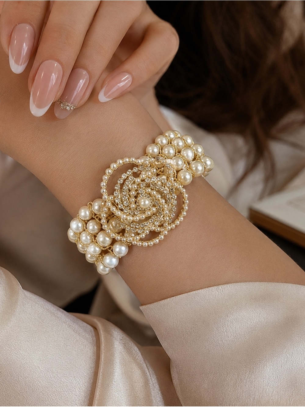 Gold Pearl & Crystal Floral Statement Bracelet - Women's Fashion Bracelet - Picture 3 of 3